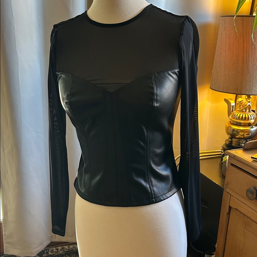 Bar III Black Sheer and Faux Leather Blouse